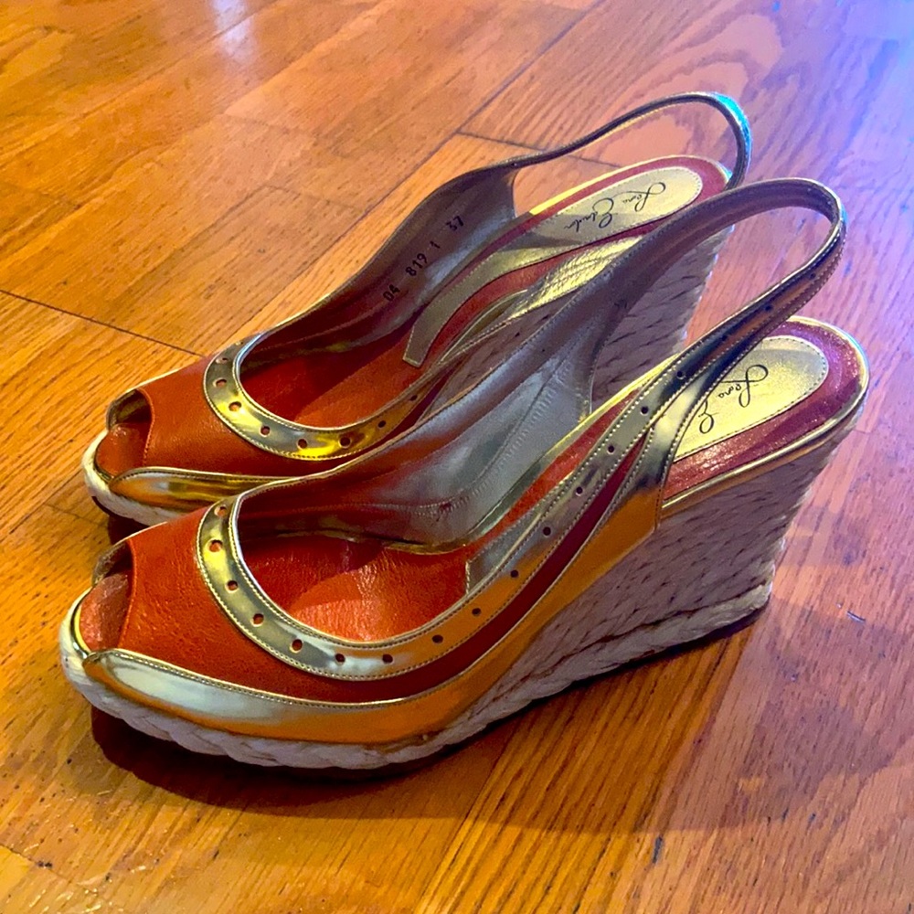 Leona Edminston Leather Raffia Wedges in Size 7